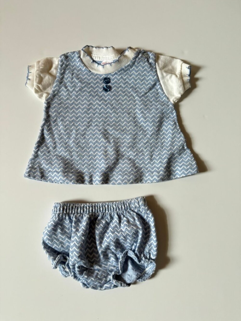 Vtg Buster Brown 100% Cotton 2 Piece Set Blue & White Chevron sz 12m